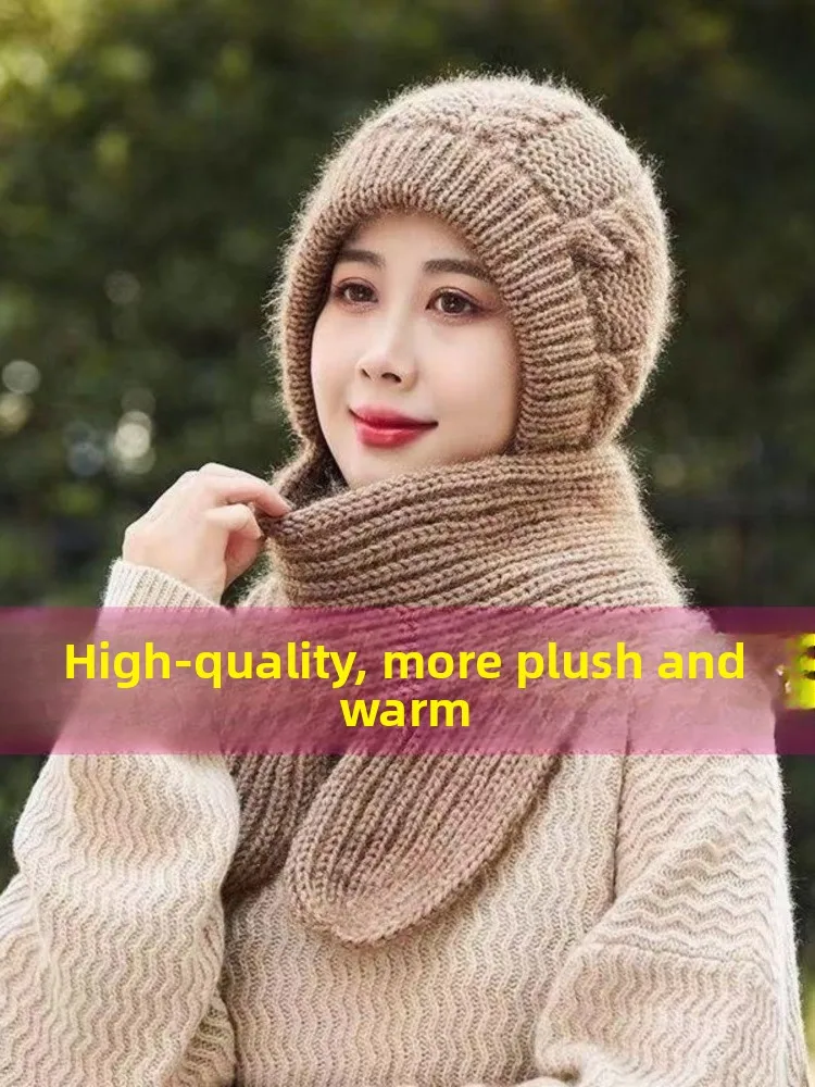 

Thickened Knitted Winter Hat Scarf Two-In-One Women's Fashion Fleece-Lined Cold-Resistant Ear Protection Snowproof Design