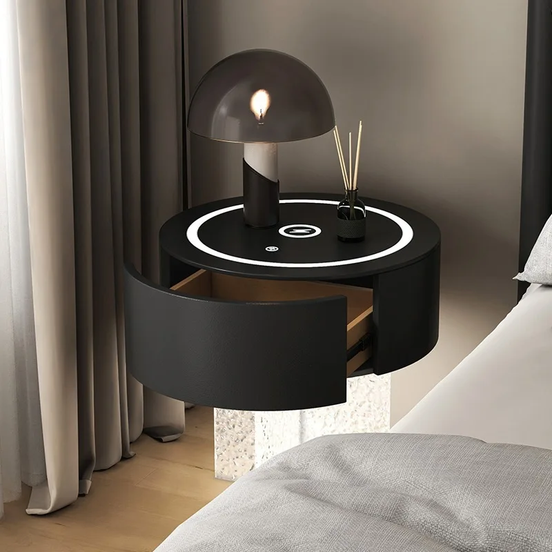 Smart three-color light wireless charging bedside table acrylic stone pattern Italian minimalist style solid wood bedroom
