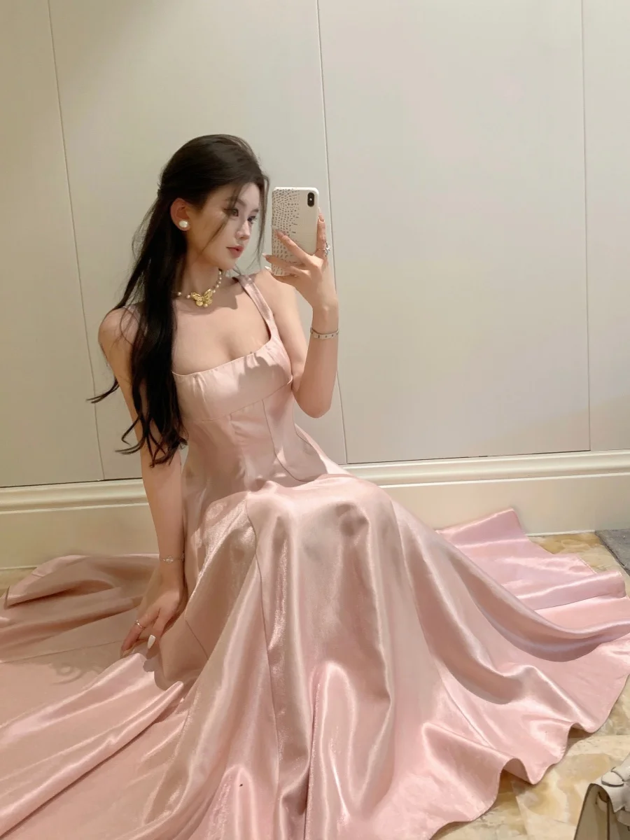 Princ Sle Pink Dr Glowing Heavy Satin Long Skirt Wealthy Misses Summer High Waist A-Line Gown No-Sve One-Piece