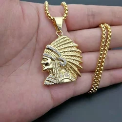 Titanium Steel Gold Plated Indian Chief Pendant Necklace Hip Hop Fashion Jewelry Creative Personality Punk Hip Hop Gift