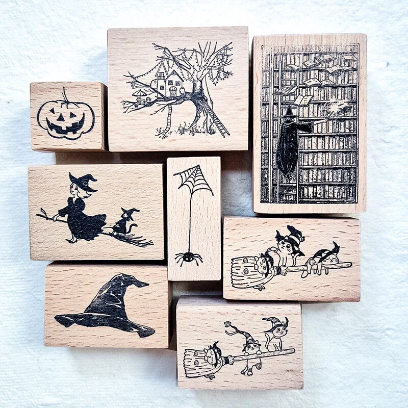 Halloween Stamp Scrapbooking Kawaii Pumpkin Cat Witch Hat Spider Cute Journaling Wooden Stamps