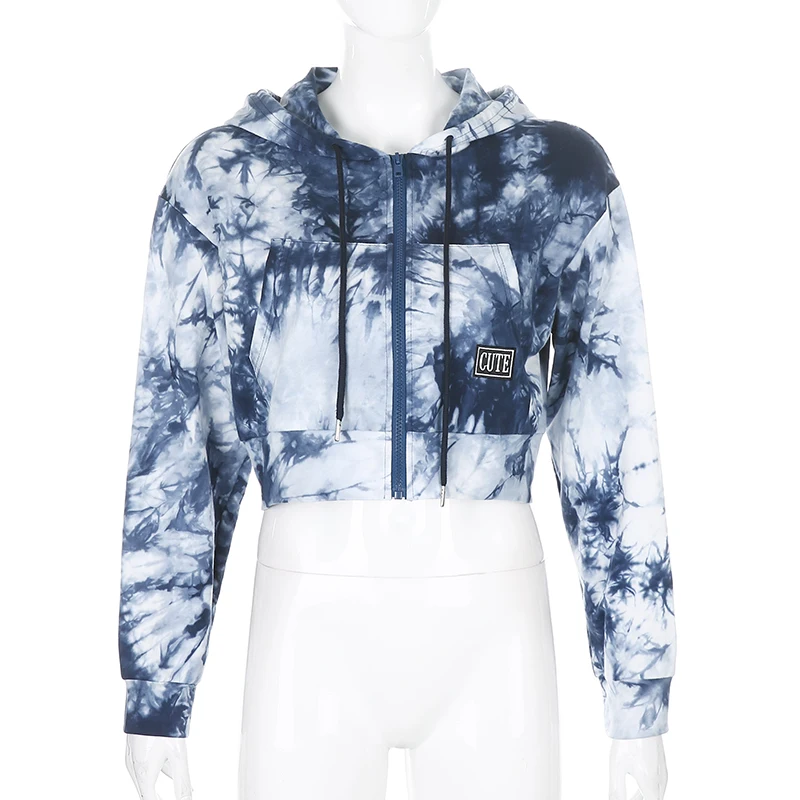 Female Casual Loose Tops Fashion Drawstring Letter Labeling Streetwear OutfitsWoman Sexy Tie Dye Zipper Hooded Pockets Hoodies