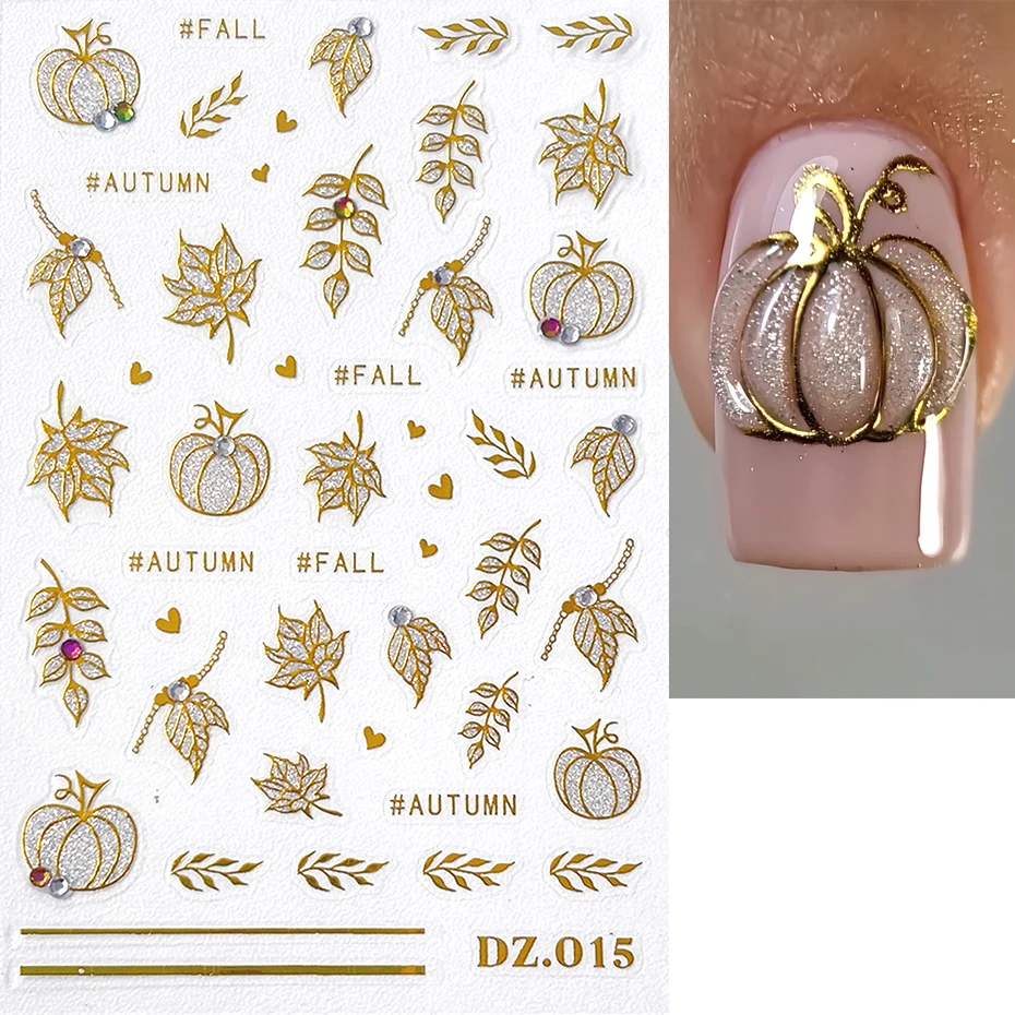 2 個ゴールドグリッター秋カボチャの葉ネイルステッカー 3D ネイルデカール秋のカエデの葉ハートデザインネイルアートデコレーションマニキュア