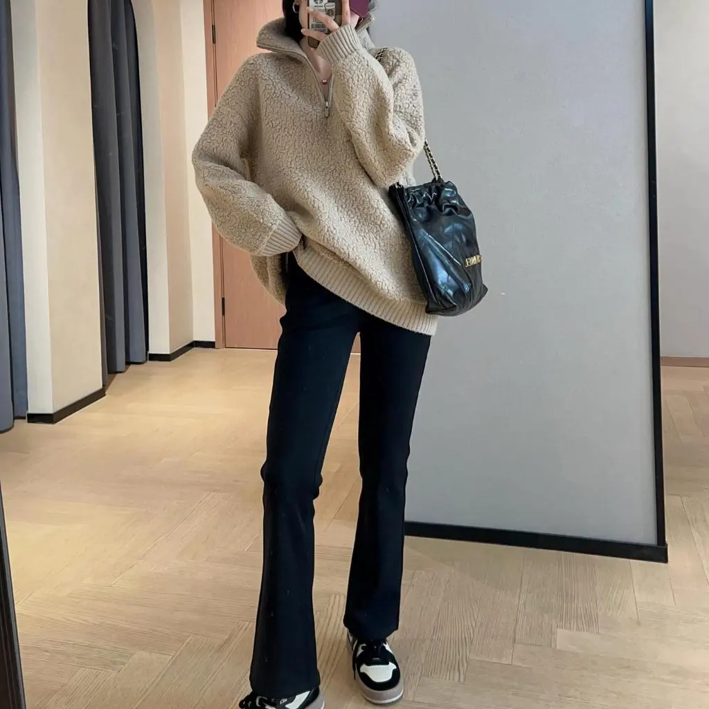 

Women's Thickened 100% Wool Over-Hip Sweater Jacket Vertical Collar Half Zipper Placket Pullover for Autumn Winter F111812