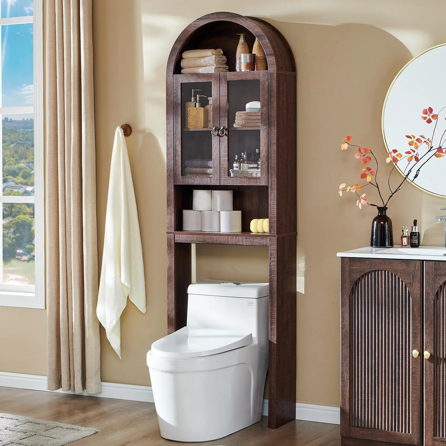 Arched Over The Toilet Storage Cabinet with Acrylic Doors,Dark Walnut