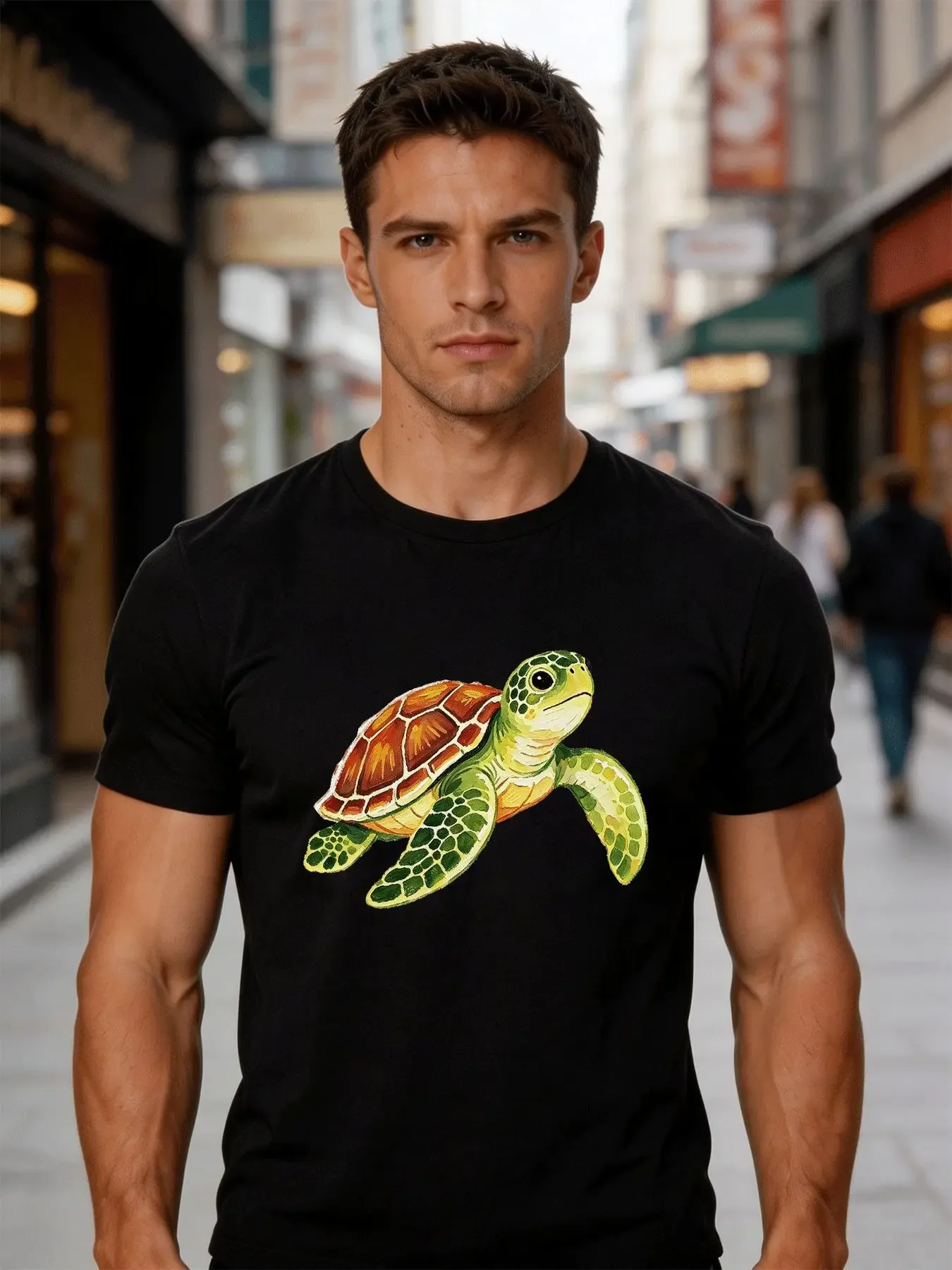 Male Cotton Short Sleeve T Shirt Lovely Sea Turtle Pattern Loose Crew Neck Trendy Ocean Casual Summer Tees For Young Adult Men