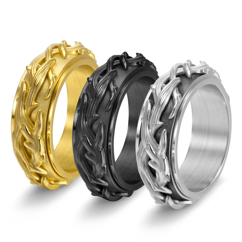 8mm Punk Stainless Steel Thorn Vine Ring for Men Rotatable Anti-Stress Anxiety Release Spinning Ring Anillo Antiestres