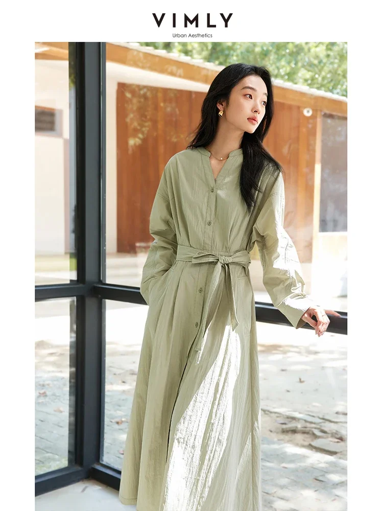 VIMLY Women Fashion Simple Solid V-Neck Shirt Style Long Dress Autumn Chic Female Casual Office Lady Straight Dresses With Belt