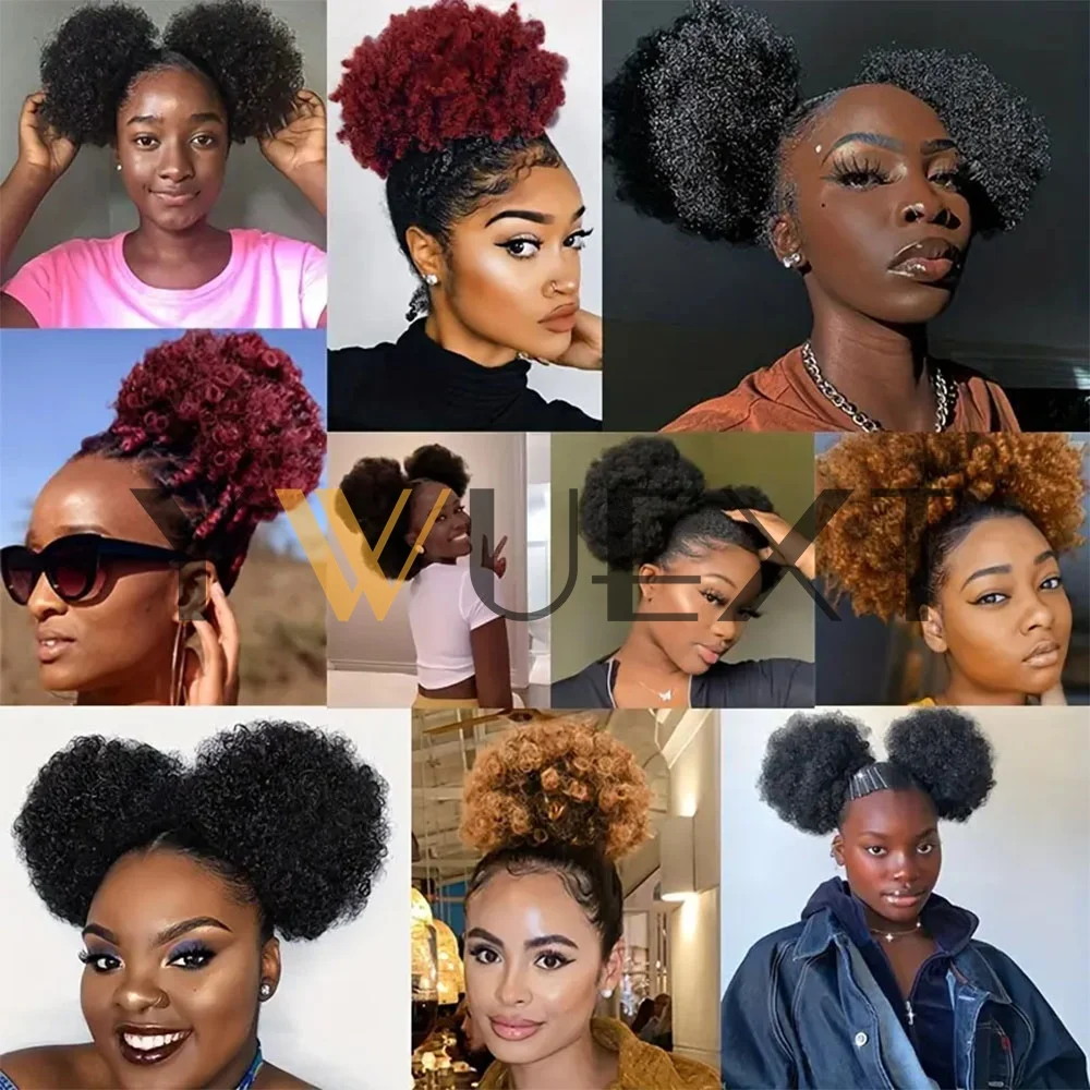 Afro Kinky Curly Ponytail Buns Chignon Human Hair Extensions Afro Puff Drawstring Curly Ponytail Remy Human Hair For Black Women image 6