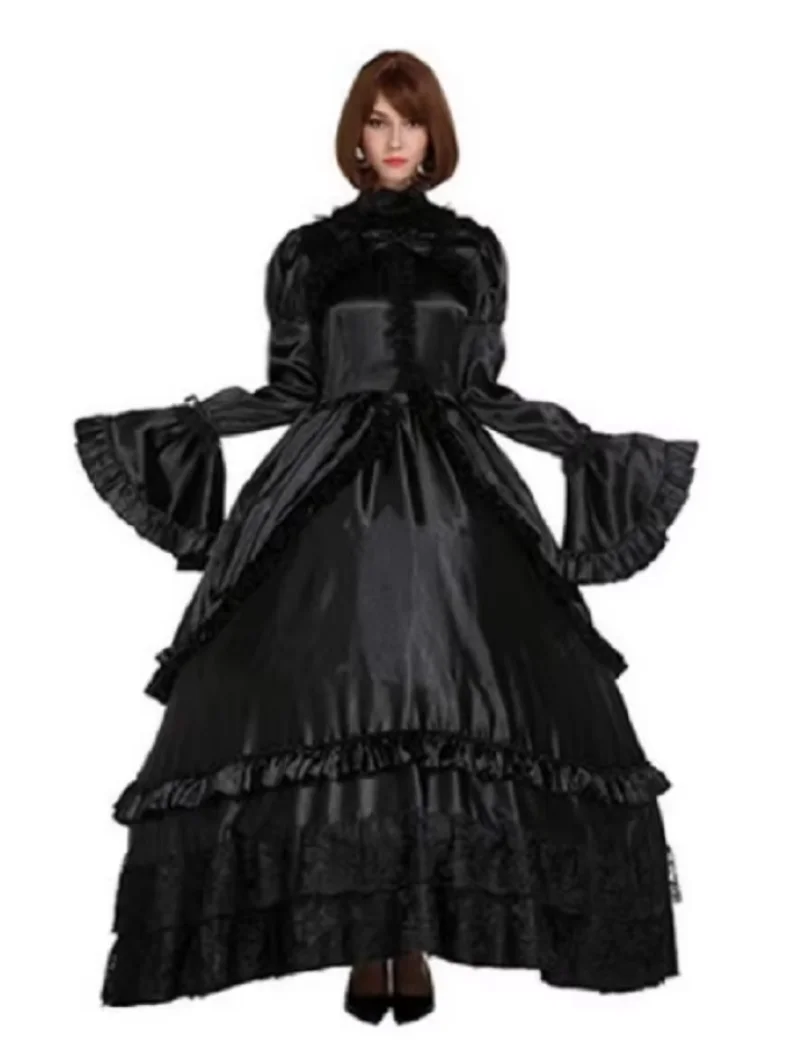 

Hot Sissy Meisje Prinses Zwart Gothic Lolita Punk Satijn Jurk Nep Fee Grote Mouw Jurk Meid Afsluitbaar Custom