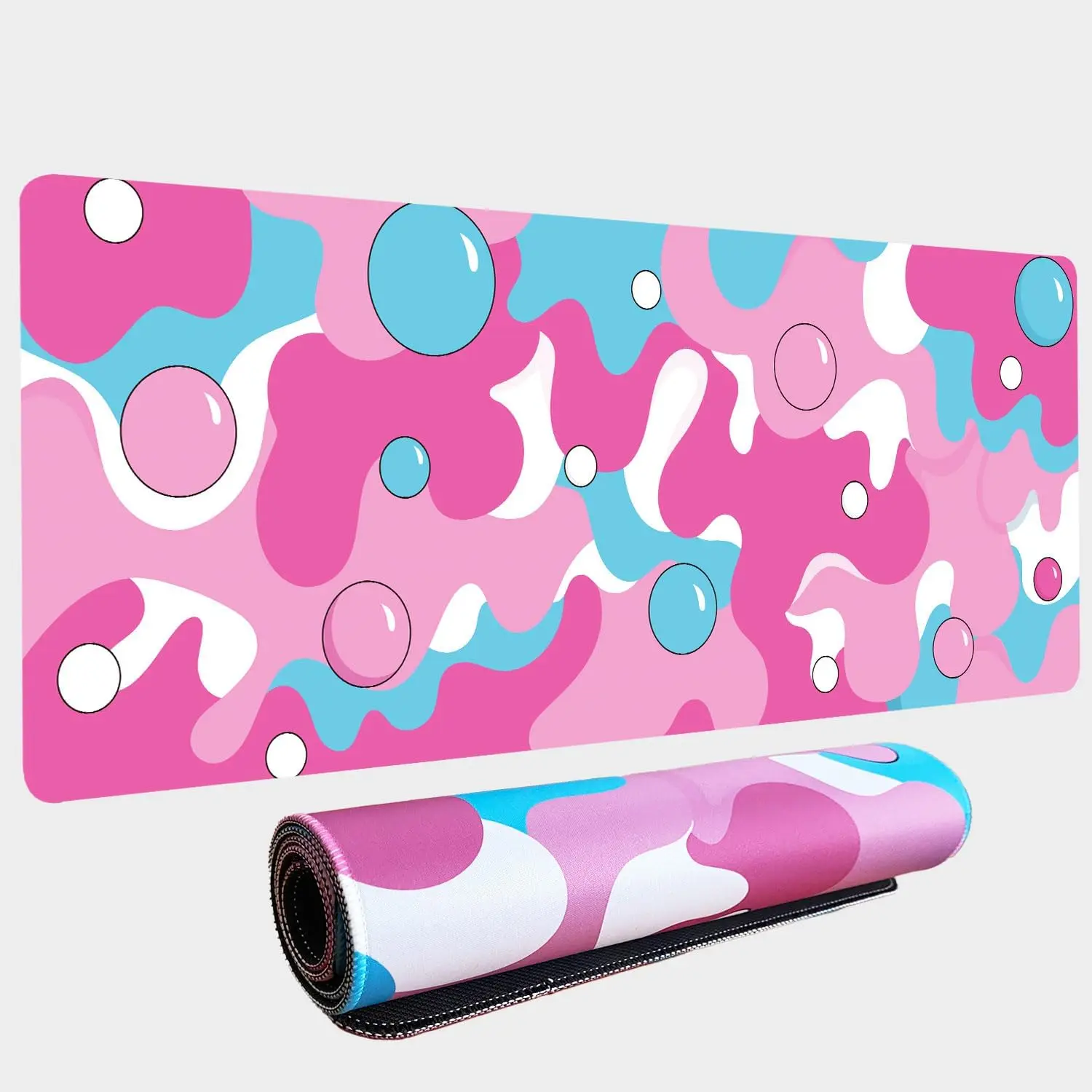 XXL Różowo-biała podkładka pod mysz Bubble Geometryczna gumowa antypoślizgowa szyta krawędź Trwała, zmywalna podkładka pod klawiaturę komputerową odpowiednia dla graczy