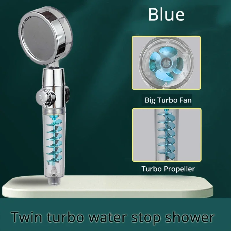 High Pressure Shower Head Twin Turbocharged Shower Head Handheld Turbo Fan Propeller Shower One-key Stop Massage Showerhead
