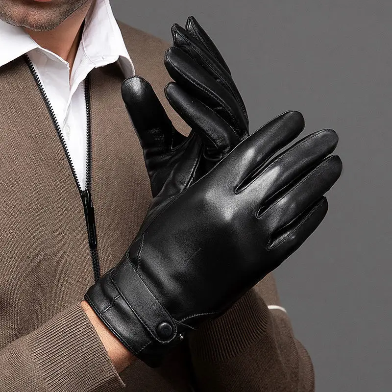 100% Genuine Leather Sheepskin Gloves Business Men Winter Warm Fleece Touch Screen Gloves Driving Cycling Running Ski Gloves