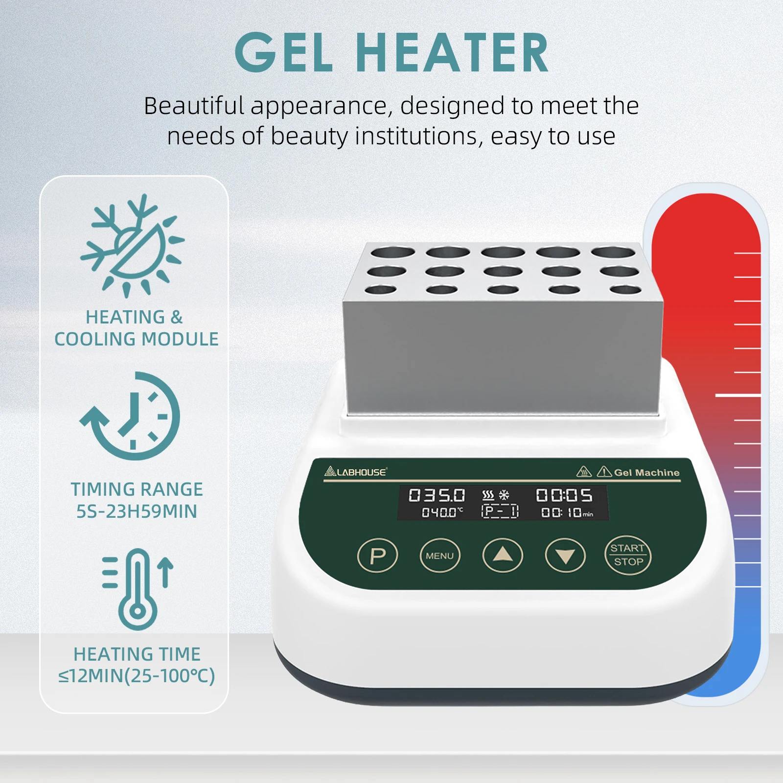 LABHOUSE DB100-CG Plasma Gel Heater/Cooler, RT -15 ° C–100 ° C, 5×2.5/5/10mL Block Plasma Gel Heating / Cooling, 9 Program Memory, Temperature Control, ±0.5 ° C, Timer 5s–23h59min, for PRP/PPP