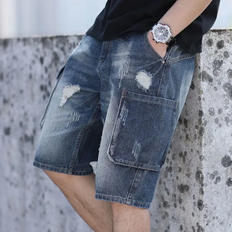 Man Denim Shorts with Pockets Ripped Cargo Short Jeans Pants for Men Luxury Trend 2024 Streetwear Xl Harajuku New in Cowboy Rude