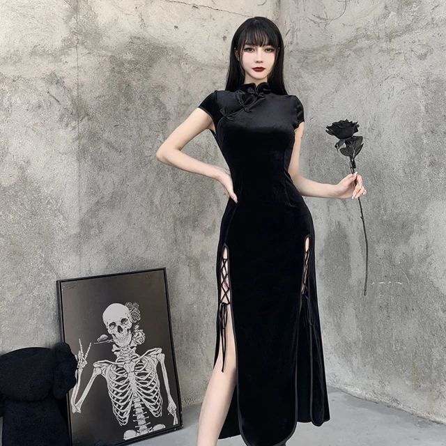 Vintage Black Bandage Chinese Style Cheongsam High Split Velvet Dress Spring 2024 Retro Long Qipao Gothic Women Aesthetic Dress AliExpress