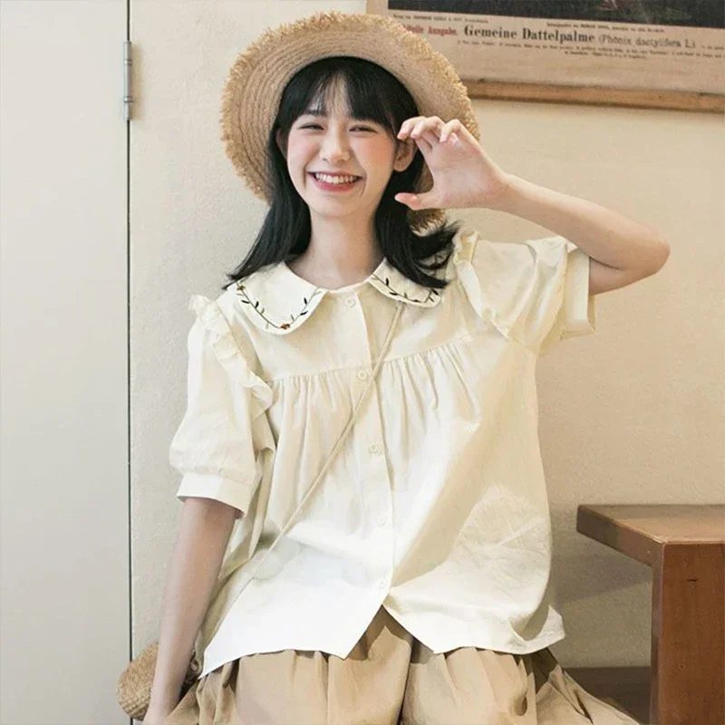 

College Style Doll Neck Embroidered Short Sleeves Shirt for Women Summer Casual Sweet Chic Versatile Tops Fashion Women Clothing