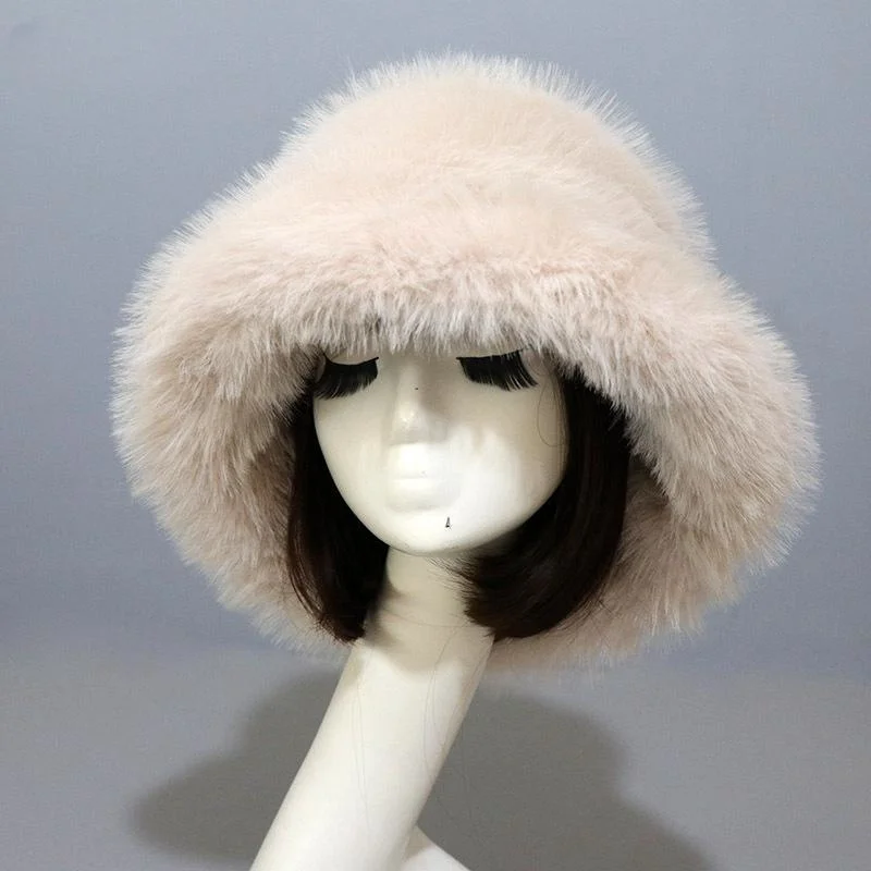 

New Winter Warm Women Faux Fur Bucket Hat Fashion Wide Brim Solid Color Fisherman Hats Outdoor Vacation Casual Panama Cap