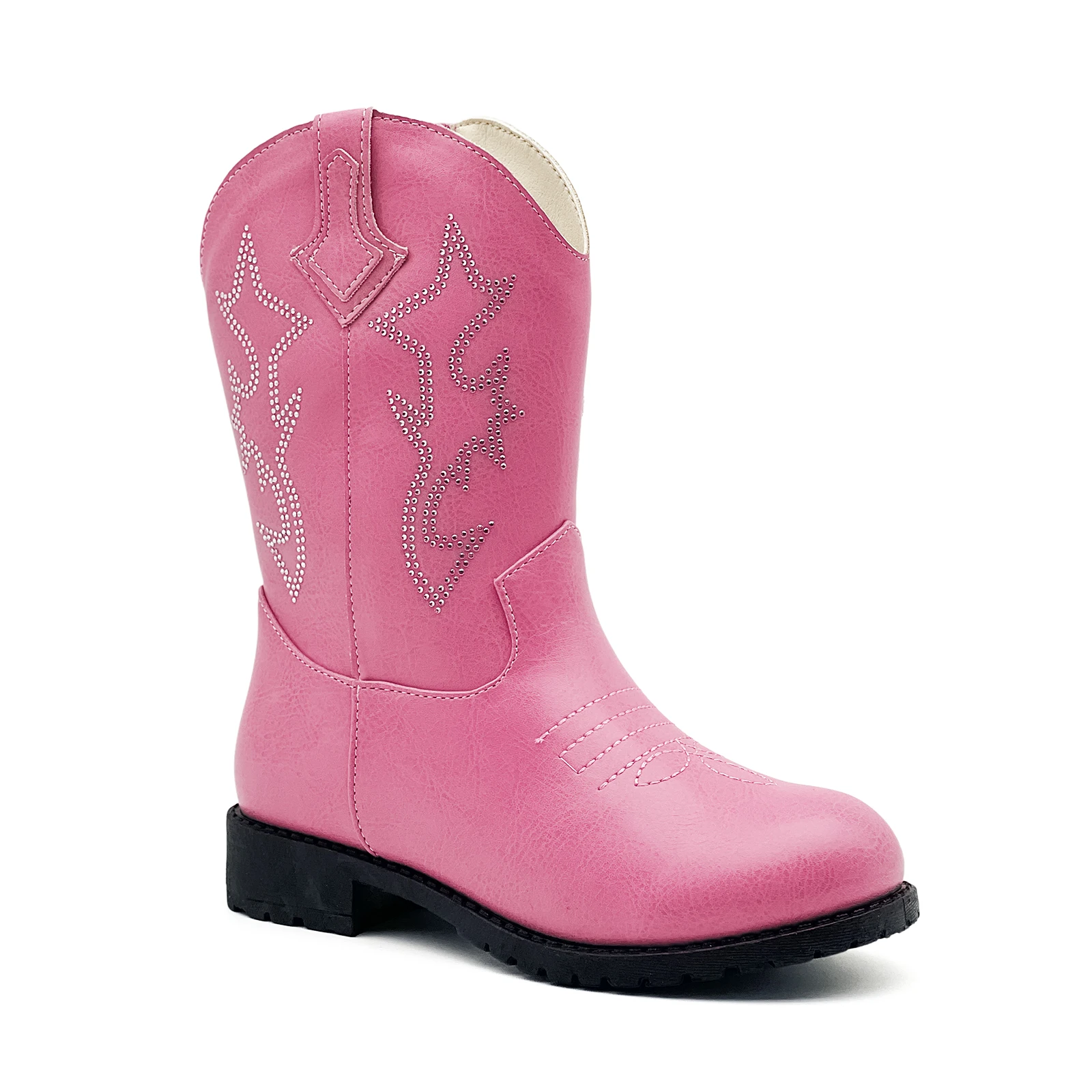 Girls Cowgirl Boots Mid-Calf Western Boys Cowboy, PU Upper Side Zipper Low Block Heel Embroidery Rhinestone For Little & Big Kid