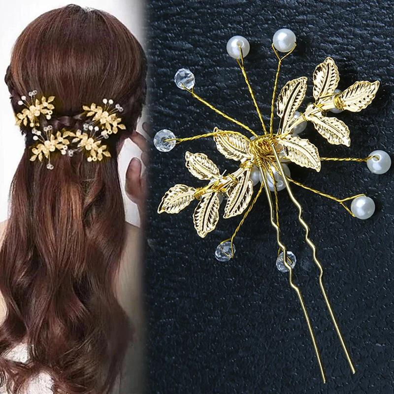 

Fashion U-shaped Hairpin Handmade Pearl Headdress Classical Gold Olive Leaf Hairpin Dress Hair Accessories