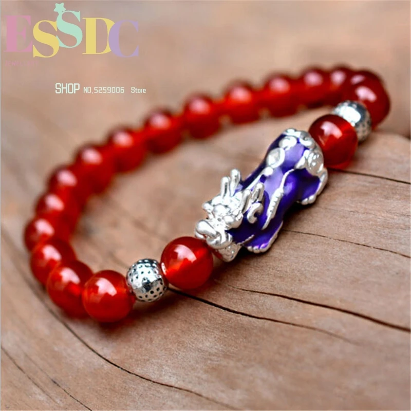 High Quality 999 Sterling Silver Change Color Pixiu Charm  Red and Black Onyx Men and Women Beaded Bracelet Wholesale