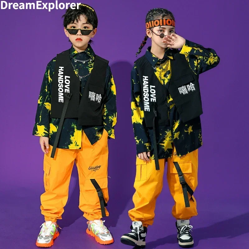 Boys Street Dance Long Sleeve Printed Shirt Vest Joggers Girls Hip Hop Blouse Child Cargo Pants Clothes Set Kids Jazz Streetwear