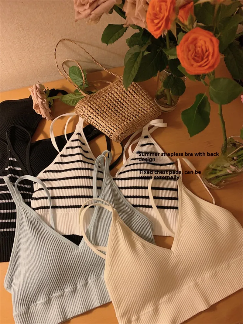 Summer Women's Knitted Stripe Strap Vest Short Wrap Chest No Sleeve T-shirt Base Shirt Inner Wear Outer Wear Casual Top