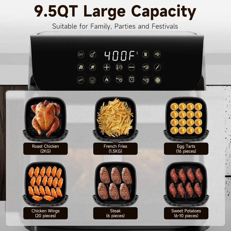 ステンレス製エアフライヤーオーブン 9.5QT 大型エアフライヤー 9つのワンタッチ調理プリセット 400F温度 大型窓付き ノンスティックパネル チルト機能付き