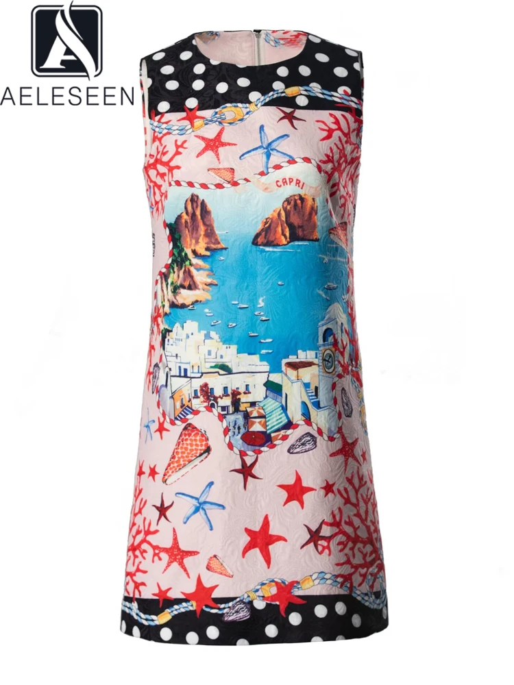 AELESEEN Bohemian Summer Jacquard Dress Women Sleeveless Sicily Dots Starfish Shells Printed A-line Casual Tank Mini Vestidos