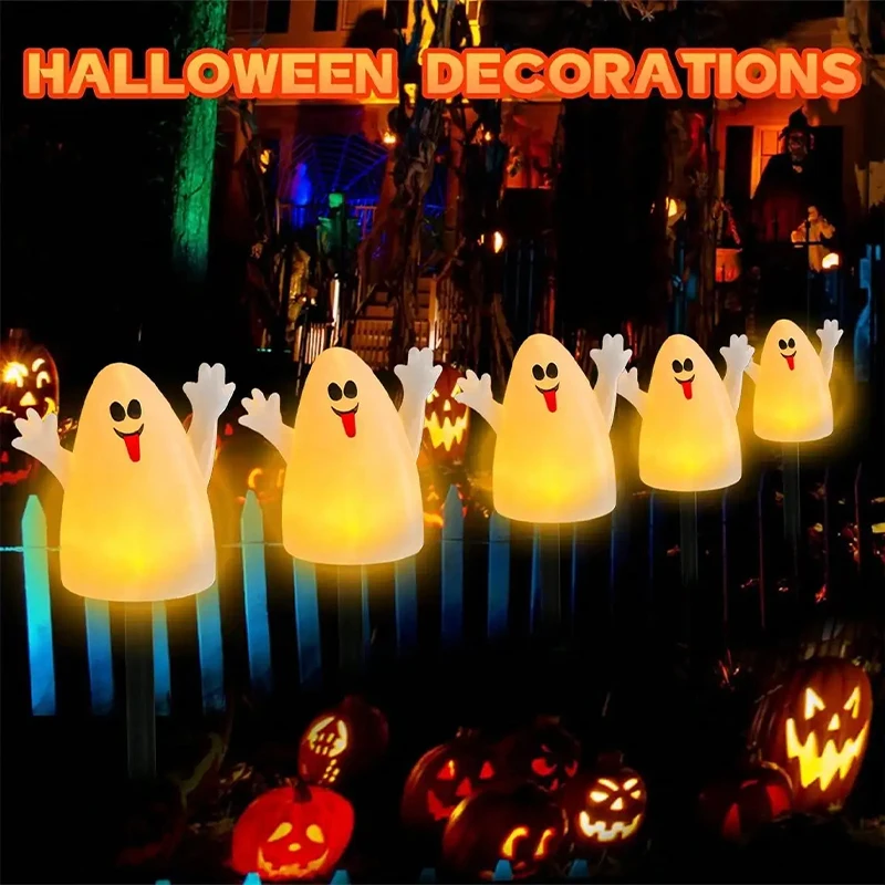 5pcs/set  Halloween Solar Stake Lights Pumpkin Ghost Lamp Waterproof Outdoor Yard Lawn Pathway Spooky Holiday Garden Decoration