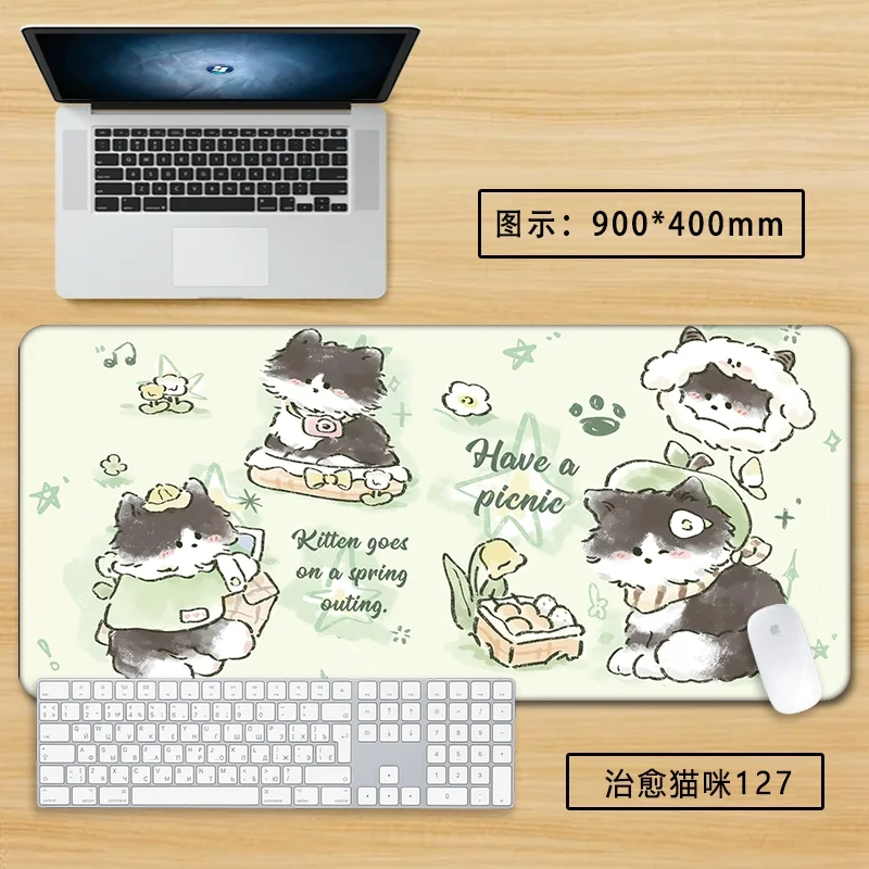 Healing Kawaii Cat Large Mouse Pad - XXL Cute Desk Mat for Office/Home, Adorable Cartoon Keyboard Cover with Non-Slip Base