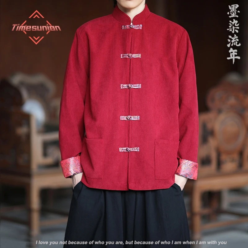 

Autumn Winter Corduroy Jacket Man Color Single Breasted Coat Large Size Button New Chinese Style Tang Suit Outerwea