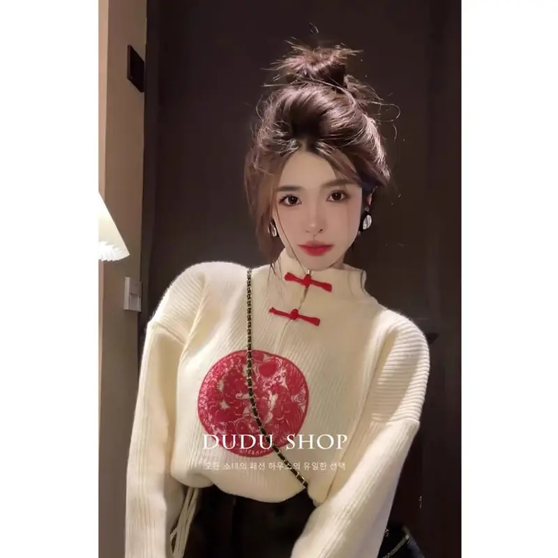 Women Autumn Fashion chinese style frog Embroidered Mock Neck Long sleeve Knitwear women clothes elegant trend knitting tops