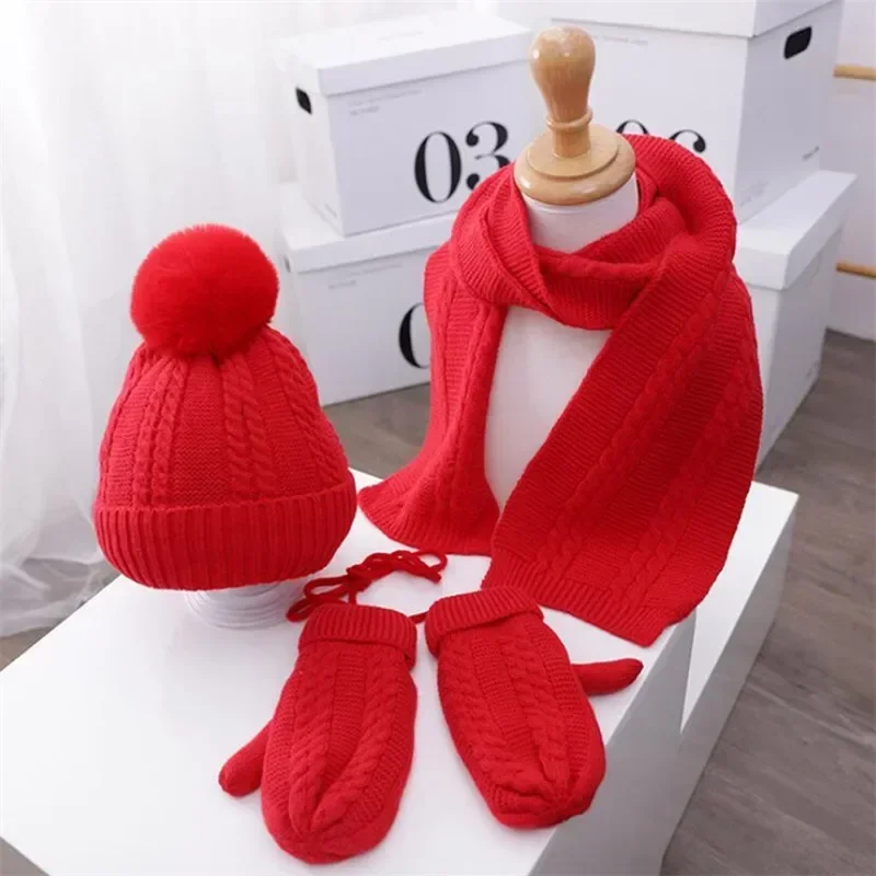 Children's Knitted Pompom Beanies Hat and Scarf Set Kids Hats and Scarfs Glove Solid Suit Warm Cap Boys and Girls Winter 1-5T