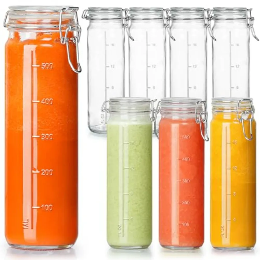 Frascos de vidrio de 20 oz con tapas herméticas para extracto de vainilla Paquete de 8 botellas de jugo de vidrio con tapas con bisagras Líneas de escala 600 ML de alto Mas
