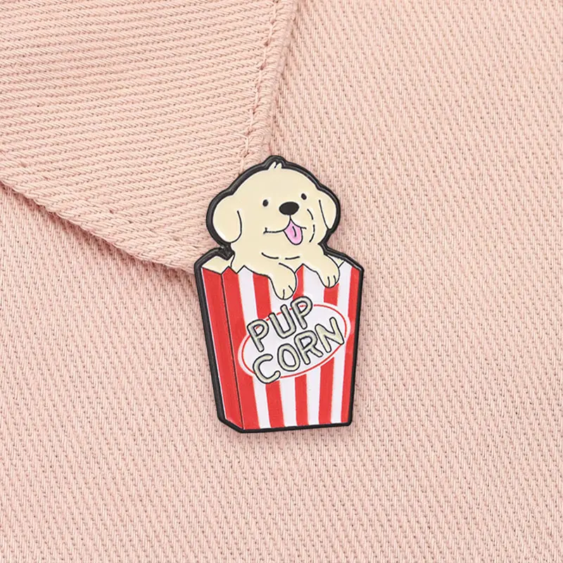 Pupcorn Welpen-Popcorn Cartoon Emaille-Anstecknadel Niedlicher Hund Film-Snack Wortspiel Brosche Reversnadel Schmuck Geschenk für Hundeliebhaber Kino-Fans – Detail 4