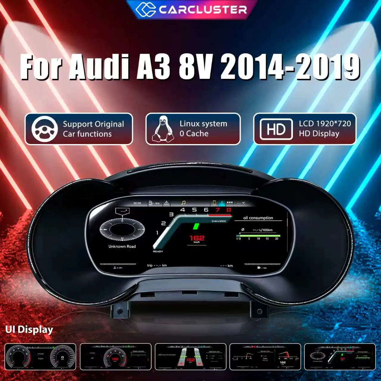 Carcluster 10,25'' LCD Digitales Kombiinstrument für Audi A3 S3 8V 2014–2019 Jahrgänge Digitales Armaturenbrett mit HDMI-Unterstützung Carplay Radio Armaturenbrett Instrumententafel