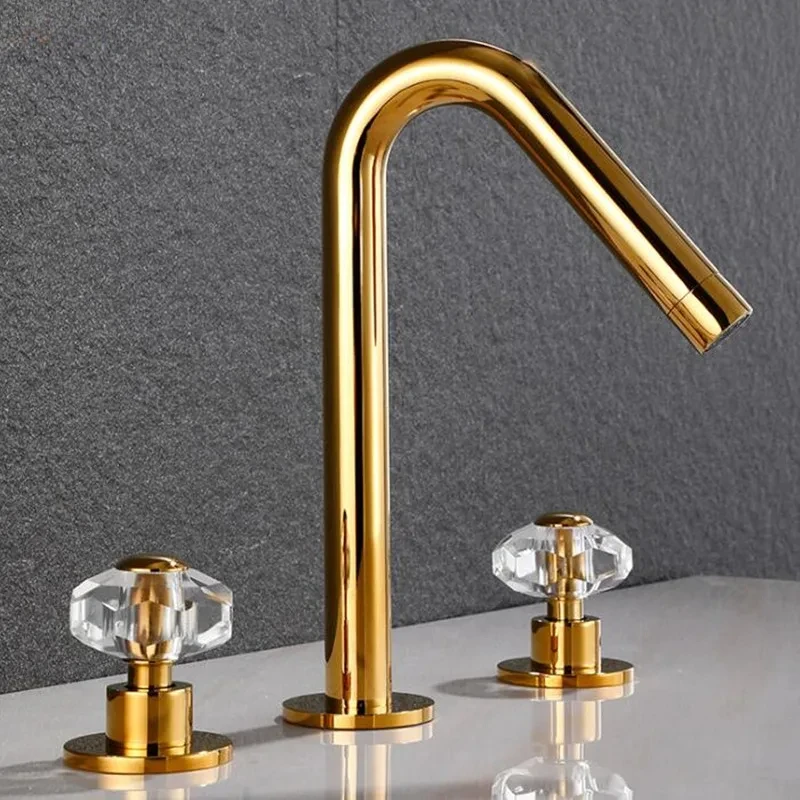 Gold widespeead bathroom brass tap 3 holes crystal bathroom mixer shiny gold widespread 3hole Bathroom Sink golden Faucet