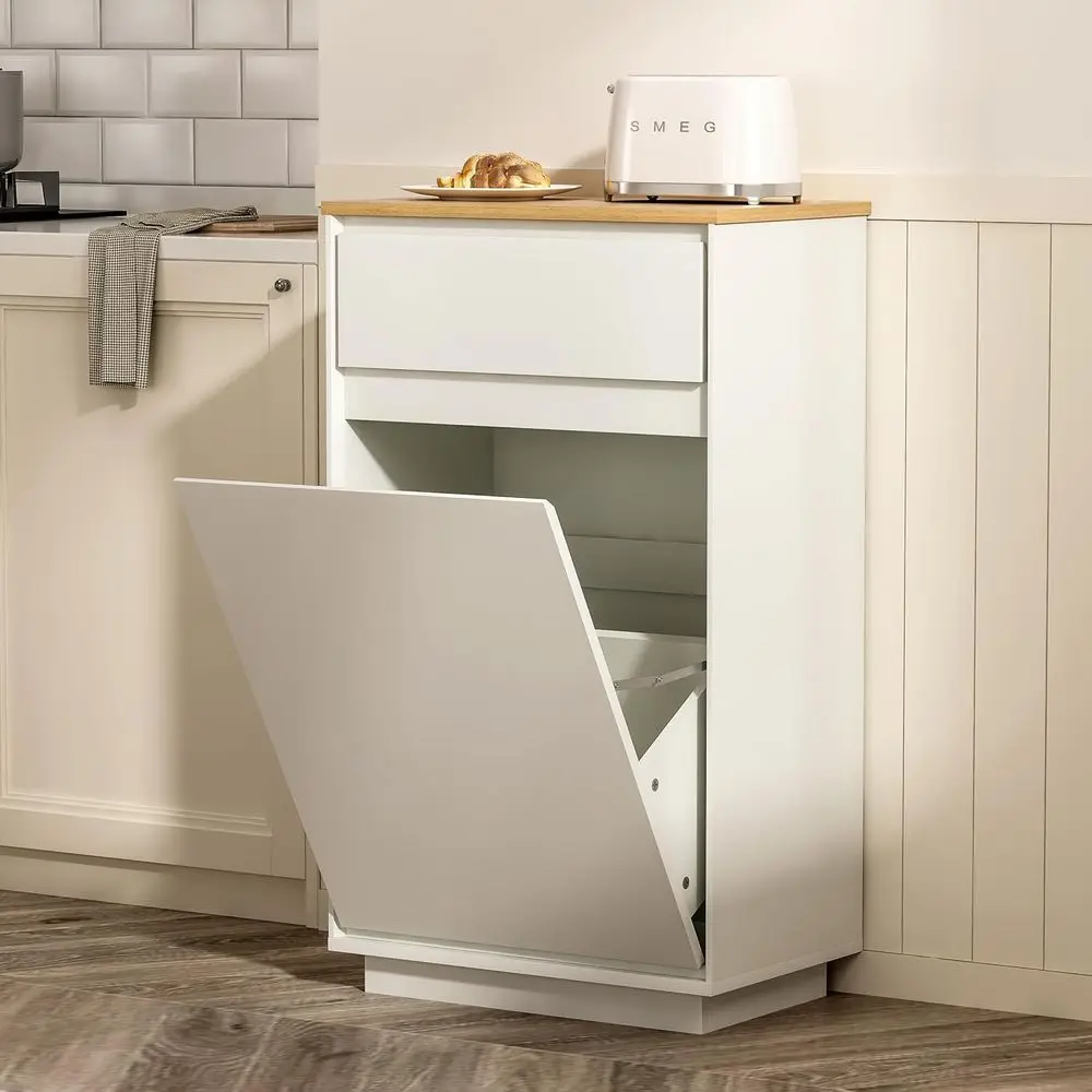 

10 Gallon Wooden Laundry Sorter Cabinet with Pet Proof Garbage Can Holder for Kitchen and Bathroom, Ivory & Natural Oak