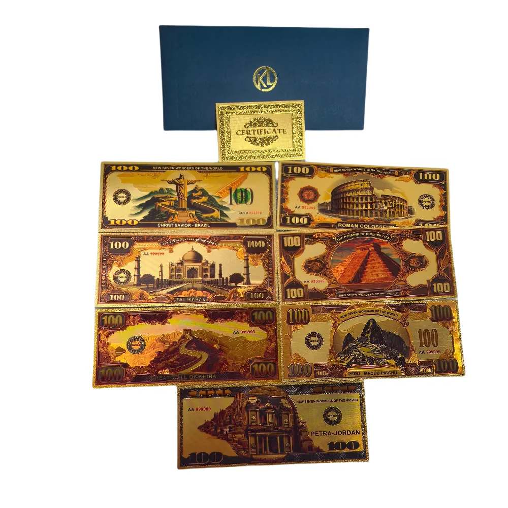 2025 7 قطعة العمارة المعجزة العالمية السبعة 100 دولار أمريكي مجموعة الأوراق النقدية الذهبية هدية