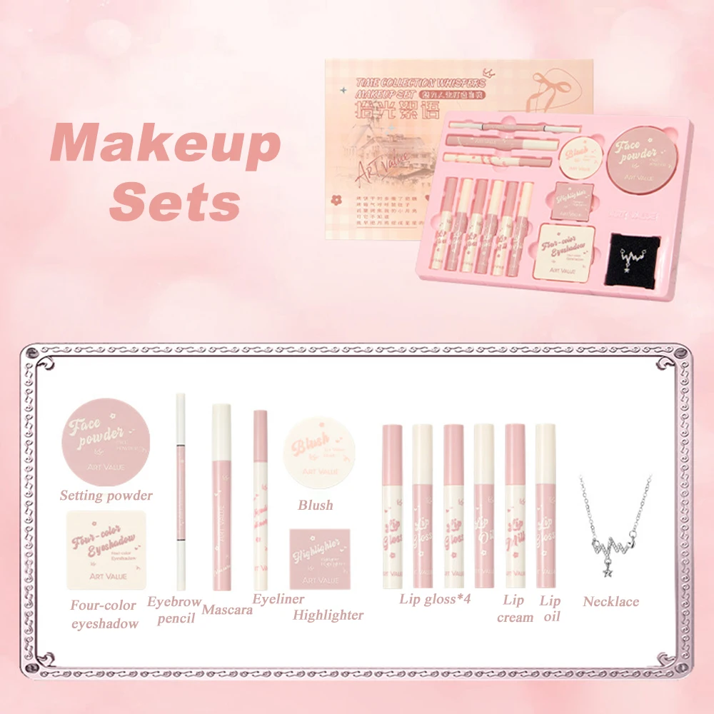 Confezione regalo per trucco da 14 pezzi Farfalla Fiocco Cuore Rossetto in polvere Fard Ombretto Confezione regalo per trucco Set e collana Regali di Natale