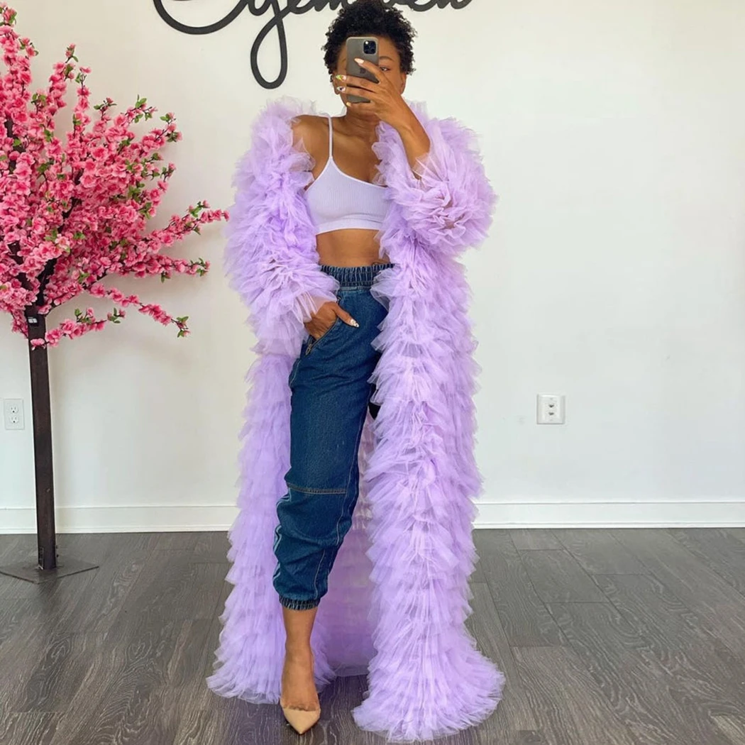 

High Street Lavender Fluffy Tulle Long Jacket Full Sleeves Floor Length Ruffles Tiered Women Coat Outwear Outfit Color Free