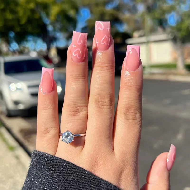 24 pçs rosa curto quadrado unhas conjuntos imprensa em manchas pó brilhante design unhas falsas wearable moda glitter ballet ponta do prego falso