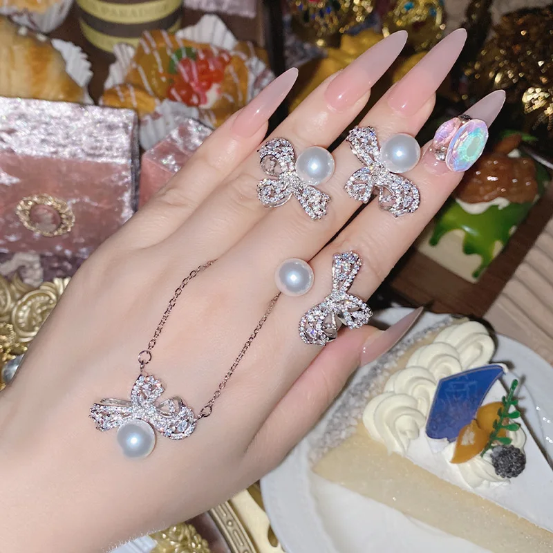 Brillian Sweet Bow Korean Fashion Beizhu Zircon Jewelry Set Female Wedding Ball Elegant Accessories Gift