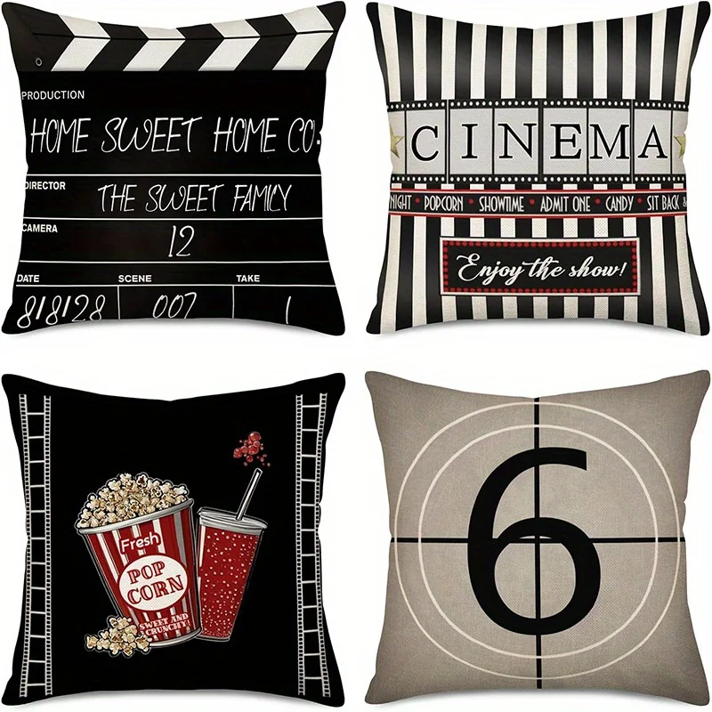 4Pcs Vintage Movie Pillow Covers - Popcorn & Drink Print Cushion Covers with Zipper, Washable Polyester for Home Theater Decor