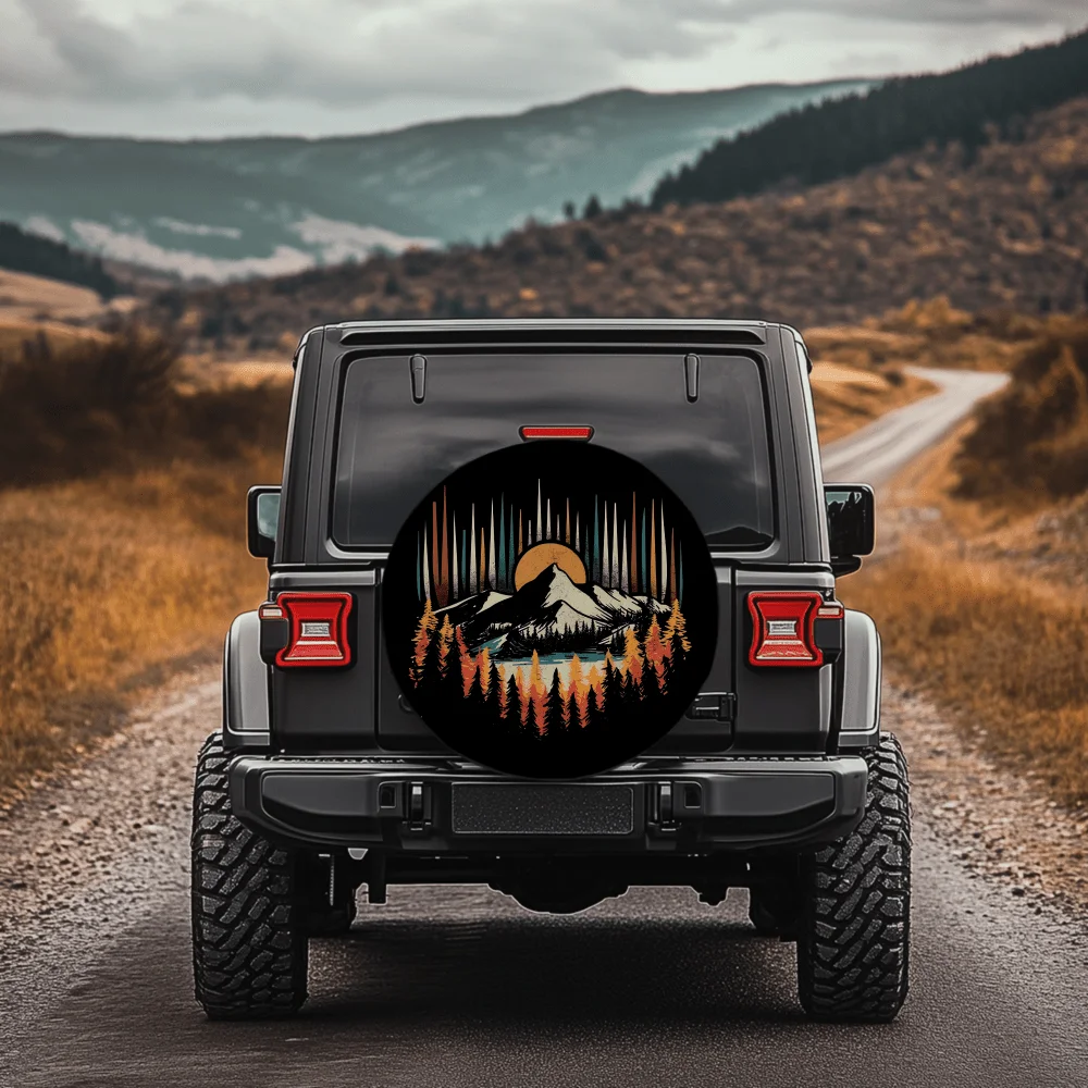 Retro Aurora Mountain Sunset Forest Pattern 30/34-Inch Multi-Functional Tire Cover, Suitable For Jeep, Trailer, RV, Off-Road Veh