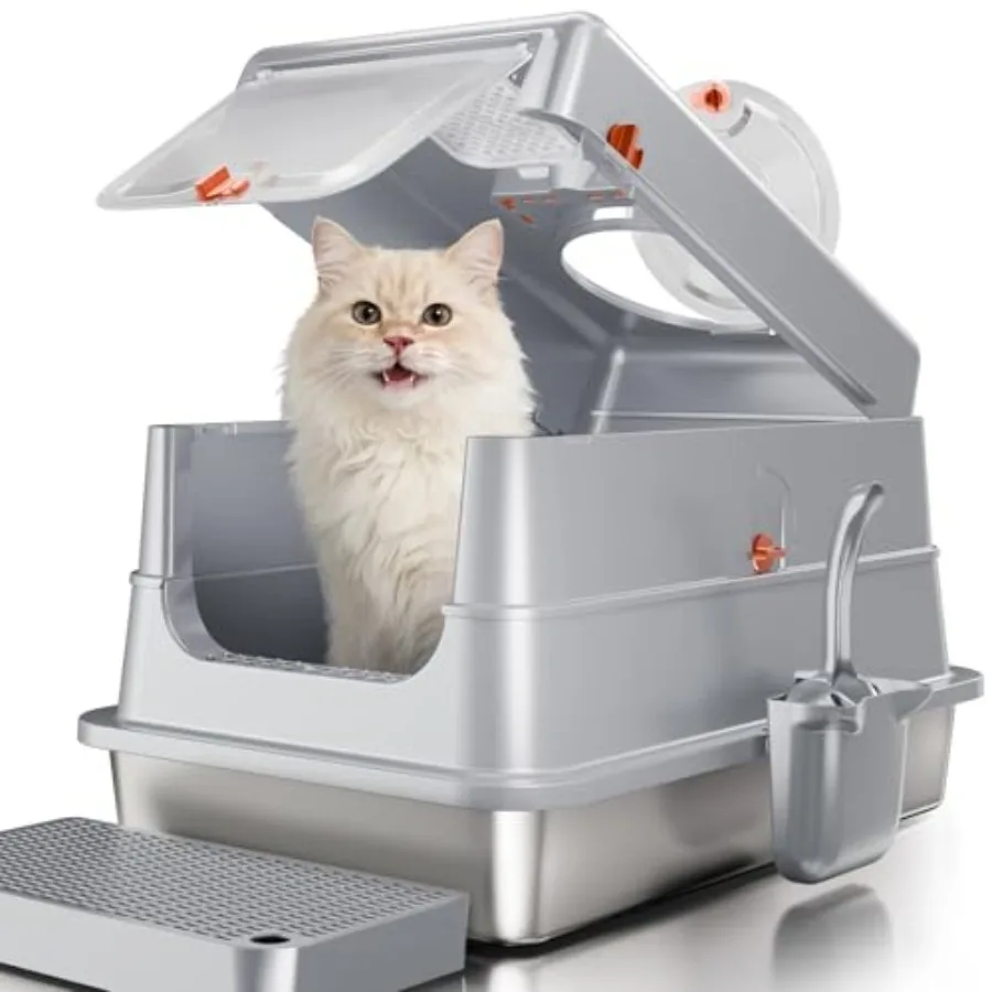 

Stainless Steel Cat Litter Box with Lid, Extra Large Enclosed Metal Litter Pan with High Sides, Full Flip Cover Litter Box for