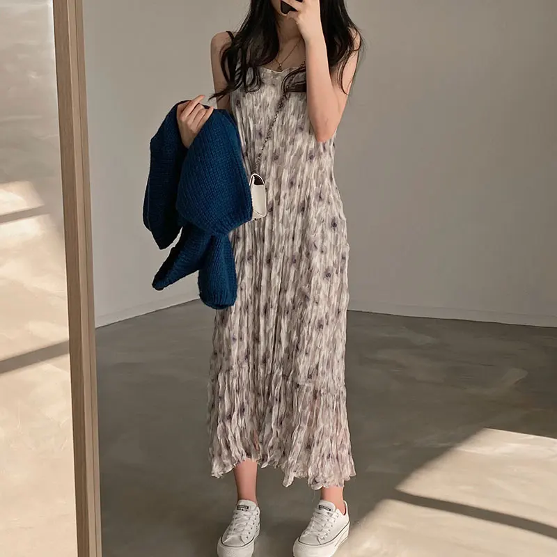 シックなサマードレス スクエアカラー ノースリーブ プリーツ ウォーターインクプリント レースヘムライン ラップスタイル ハイウエスト ロングドレス 韓国スタイル