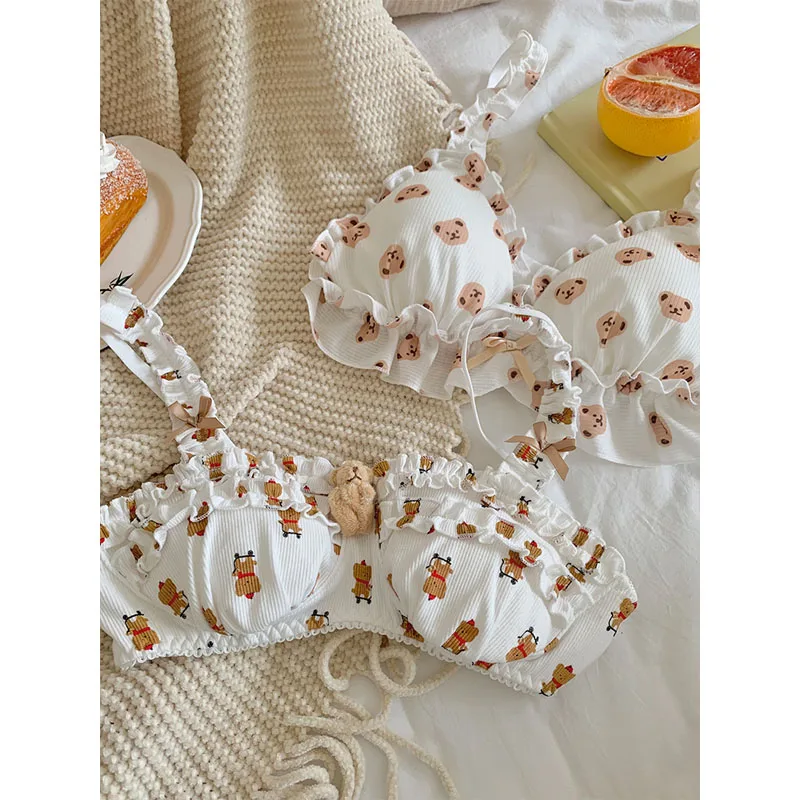 Leechee Underwear New Small Fresh Cute Sweet Cartoon Printed Bear Bra Set Small Fresh Girl Thin Bra Lingerie Set Sexy