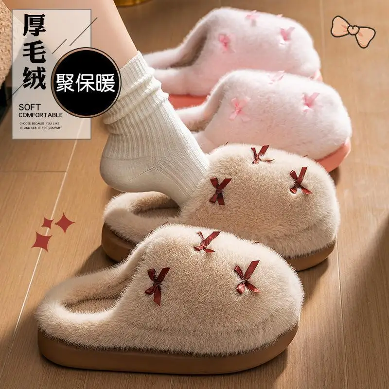 2026 New Women Cotton House Slippers Thick Sole Warm Fleece Lining Non Slip Autumn Winter Indoor Shoes view 2
